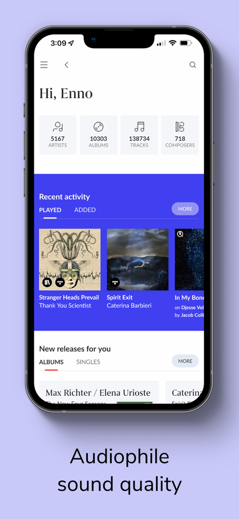 Roon - Interfaz de la aplicación de música Roon que muestra estadísticas de la biblioteca personal y actividad reciente para usuarios audiófilos.