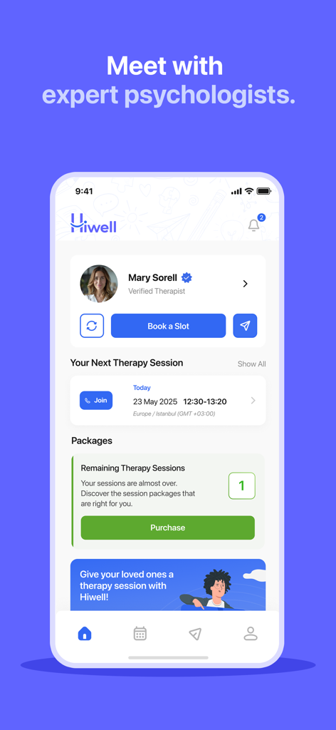 Hiwell Therapy & Mental Health - Hiwellアプリのダッシュボード。検証済みのセラピストプロフィールと今後のセラピーセッションの詳細が表示されています