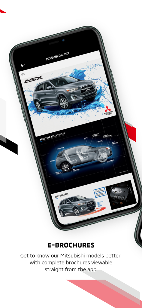 Un écran de smartphone de l'application Mitsubishi Connect montrant les brochures numériques pour le modèle de voiture Mitsubishi ASX.