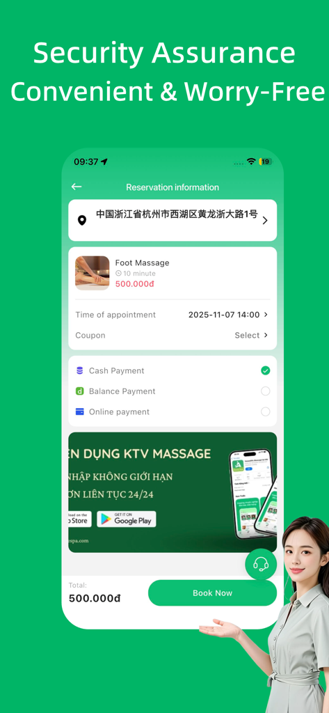 Maso-Vietnam Massage - Masoベトナムマッサージの予約画面。フットマッサージの予約詳細と支払いオプションが表示されています