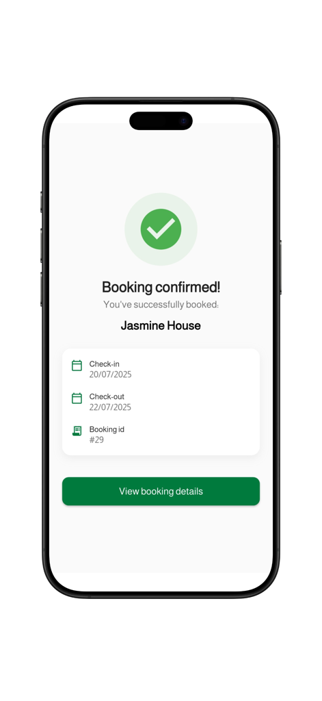 JRE : Hotel, Apartments - Mobile app screen showing a successful booking confirmation for Jasmine House with check-in and check-out dates