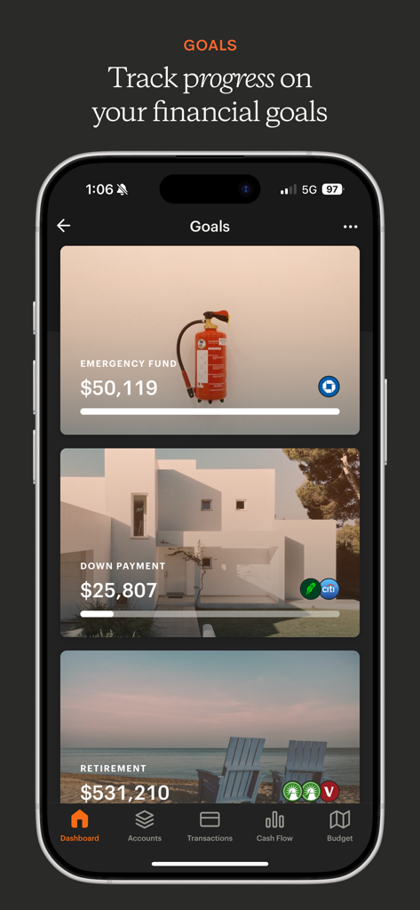 The Monarch Money app interface displaying progress on financial goals including an emergency fund, house down payment, and retirement savings.