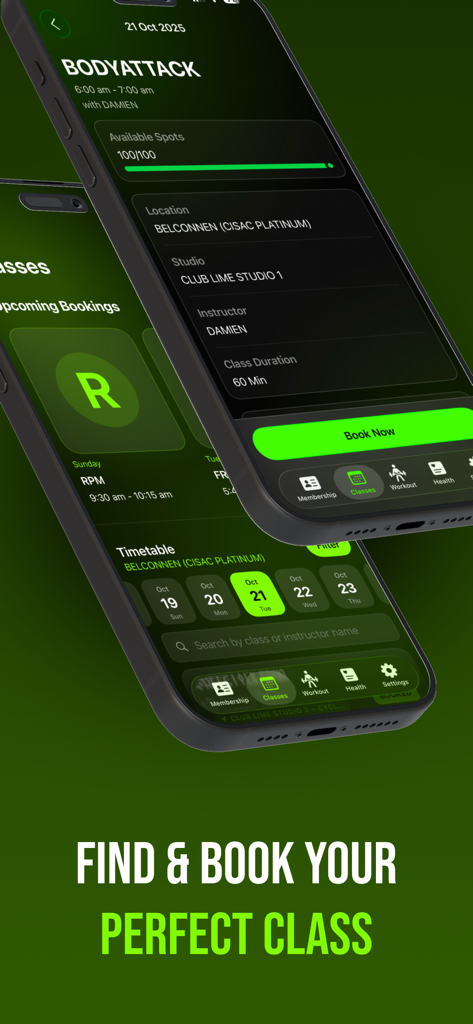 Club Lime Mobile App-Bildschirm mit Kursplan und Buchungsdetails