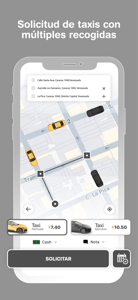 Dai - Dai mobile app screen showing a map with multiple taxi pickup locations and price options in Spanish
