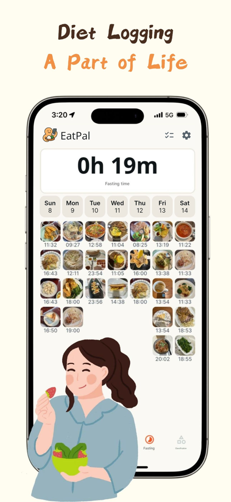 EatPal - EatPal app screen showing a visual diet logging timeline with food photos and a fasting timer.
