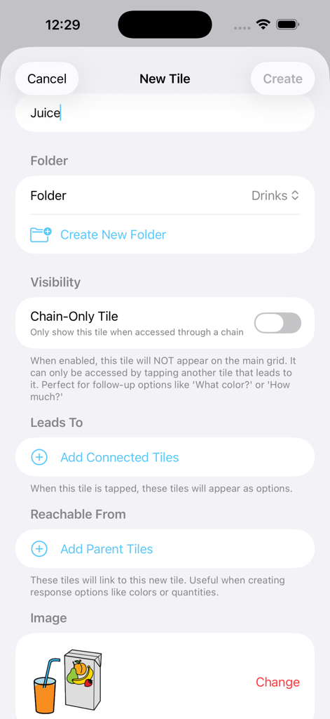 My Voice AAC - Interface for creating and customizing a new communication tile in the My Voice AAC app