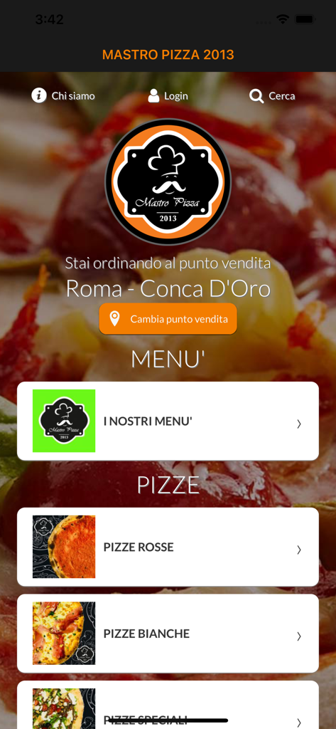 Mastro Pizza 2013 - Mastro Pizza 2013 mobile app menu screen with pizza categories and location selection in Rome