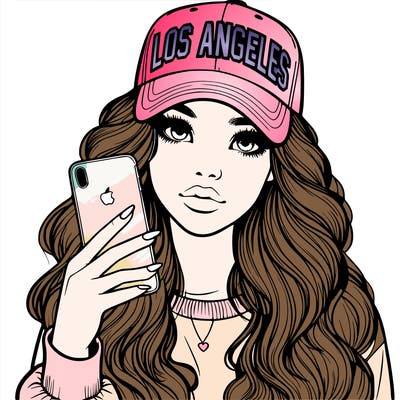 realistic beautiful girl wearing los ángeles cap holding an iphone