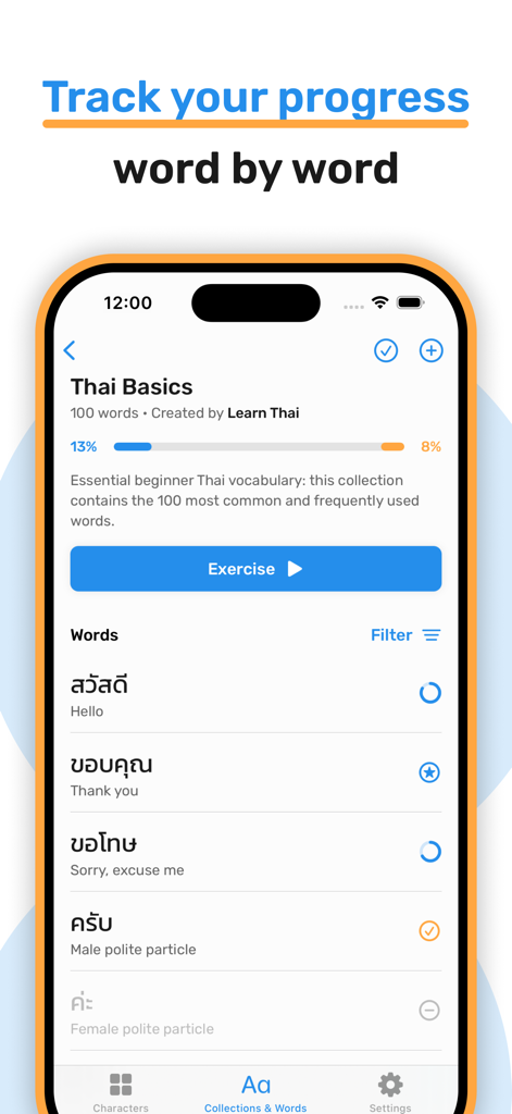 Learn Thai Alphabet & Words - A mobile app interface showing progress tracking for basic Thai words like hello and thank you