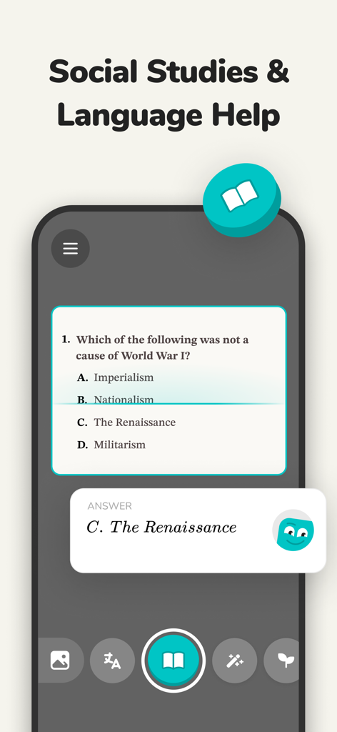 Studdy: AI Tutor & Math Solver - Studdy app interface showing a social studies multiple choice question and AI generated answer