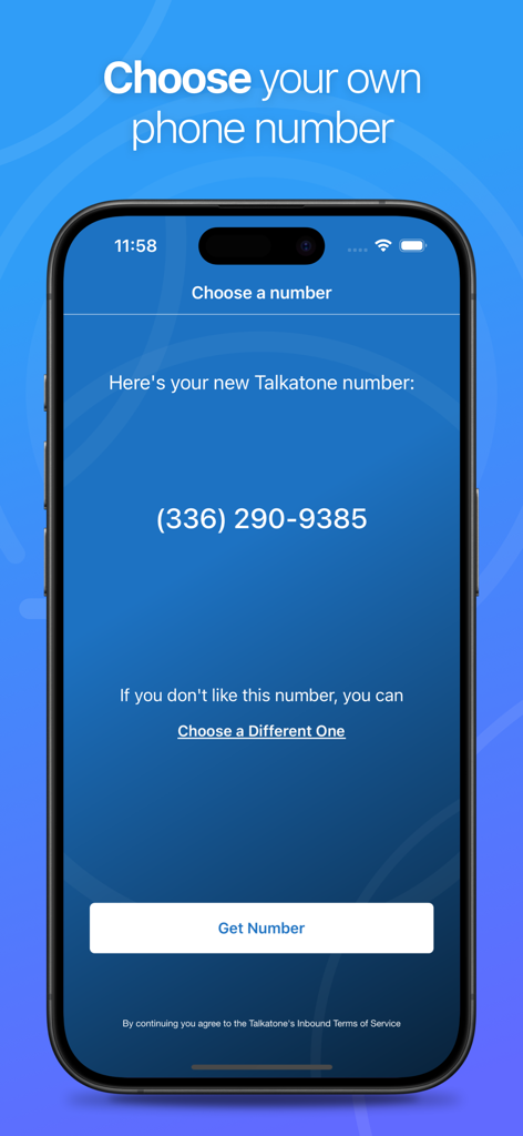 Talkatone app screen displaying a newly assigned free US phone number with an option to get the number