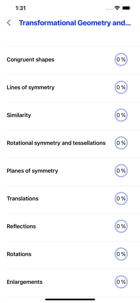 GCSE Maths : Geometry Lite - Una lista de temas de geometría que incluyen simetría y reflexiones con círculos de seguimiento de progreso individuales.