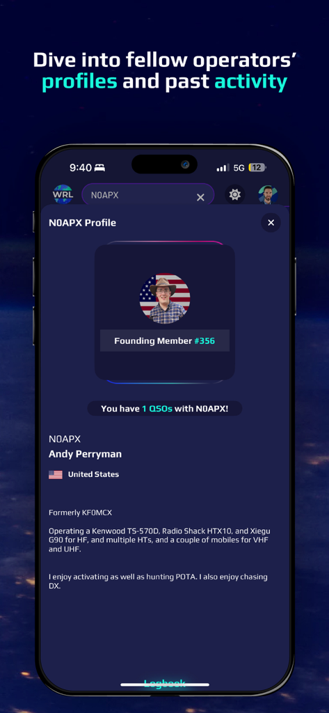 World Radio League - World Radio League mobile app screen showing a ham radio operator profile with equipment details and founding member status
