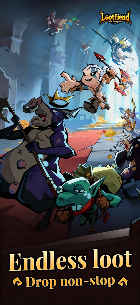 Lootfiend: Idle Dungeons - Heroes battling monsters in Lootfiend Idle Dungeons with gold and loot falling from above