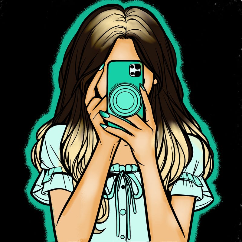 a realistic girl holding her phone taking pictures