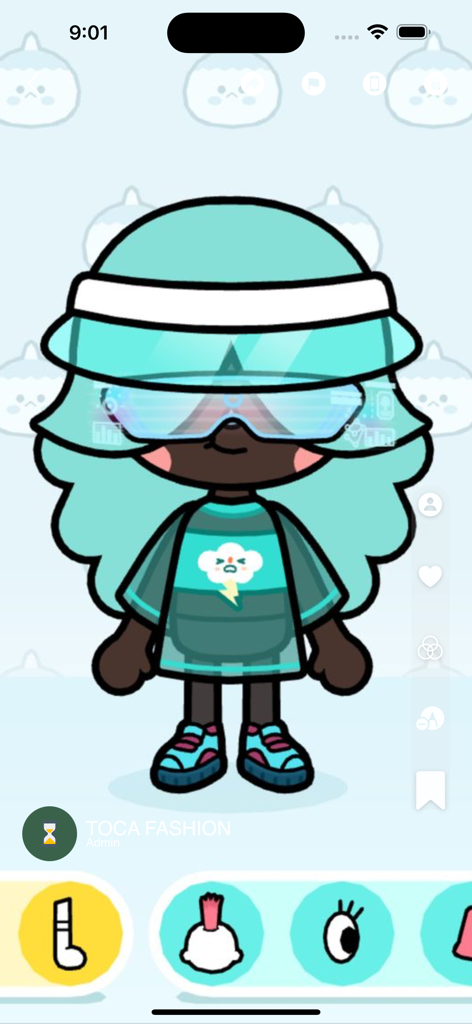 Toca Boca fashion design ideas - Toca Boca character with cyan hair wearing a visor and cloud shirt
