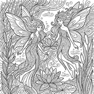 Immerse yourself in a world of aquatic enchantment with this stunning Zentangle Water Fairies coloring page. Discover two elegant fairies adorned with intricate patterns, ready for your creative touch.