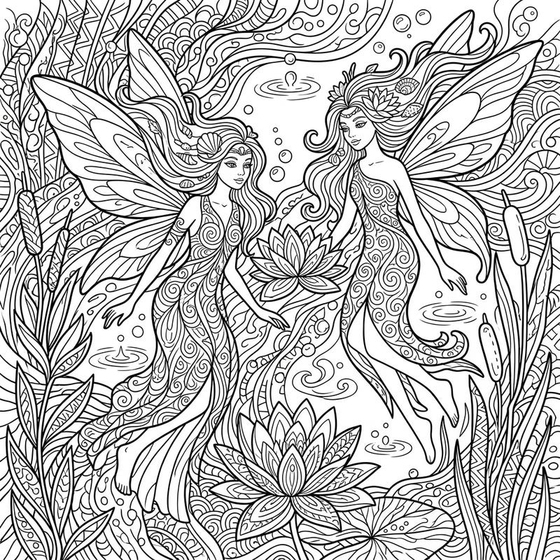 Immerse yourself in a world of aquatic enchantment with this stunning Zentangle Water Fairies coloring page. Discover two elegant fairies adorned with intricate patterns, ready for your creative touch.