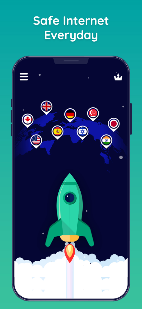 Um foguete decolando no aplicativo Von VPN com bandeiras representando locais de servidores mundiais para navegação segura