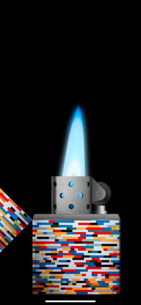 Um isqueiro digital com uma chama azul brilhante e um padrão pixelado colorido