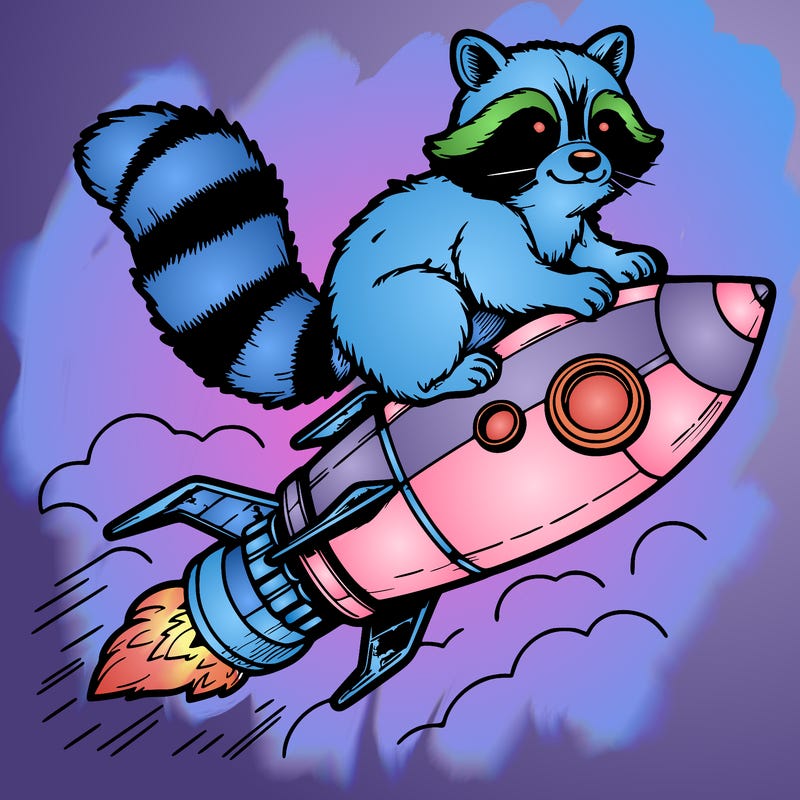 realistic raccoon flying on top rocket ship