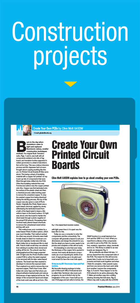 Practical Wireless - Practical Wireless magazine app showing a technical article about creating printed circuit boards for amateur radio hobbyists