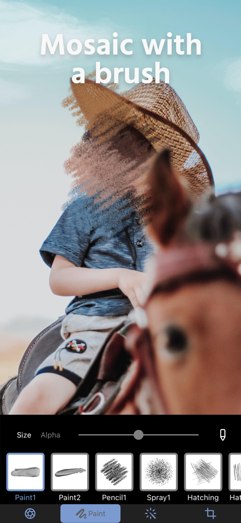 Blur Background Photo Effect - Bildbearbeitungsoberfläche mit einem Pinselwerkzeug, das einen Mosaikeffekt auf das Gesicht eines Kindes zur Wahrung der Privatsphäre anwendet