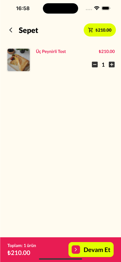 Afife Kruvasan - Una pantalla de carrito de compras en la aplicación Afife Kruvasan con un artículo de sándwich tostado