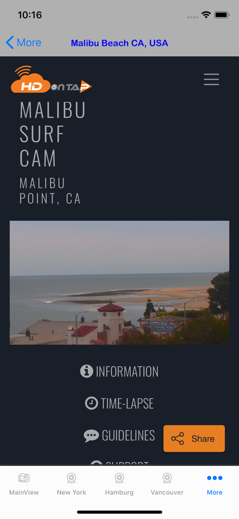 Webcam World Viewer - A live surf camera feed of Malibu Beach California displayed within the Webcam World Viewer app