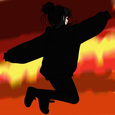 realistic girl jumping with a bun and oversized sweatshirt