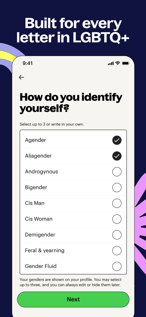 Lex: Queer Social LGBT Friends - Lex app interface showing a list of inclusive gender identity selection options for LGBTQ plus users