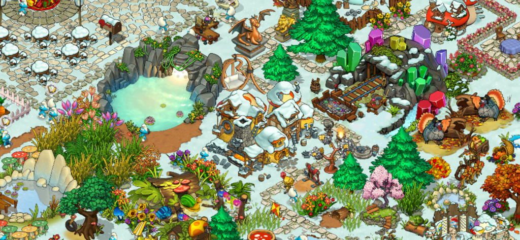 Una colorida aldea pitufo con casas cubiertas de nieve y una mina de cristal