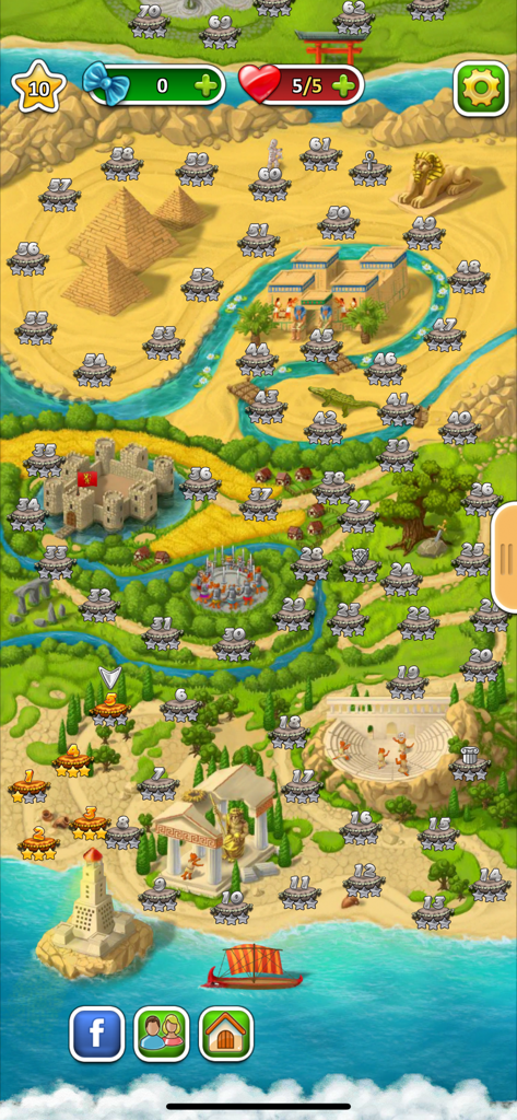 Indy Cat Match 3 Forever - Level progression map in Indy Cat Match 3 Forever showing historical regions like Egypt and Ancient Greece