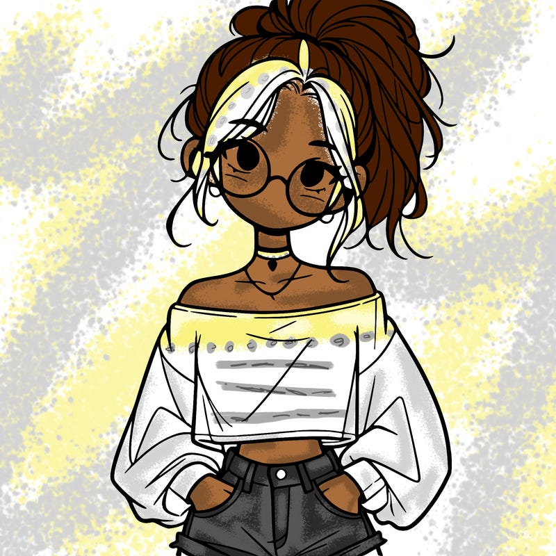 girl with a messy ponytail glasses a baggy crop top and jean shorts