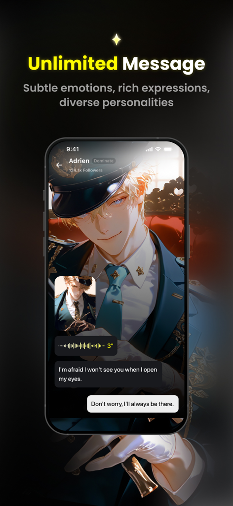 Mobile chat interface featuring an anime character and AI messaging