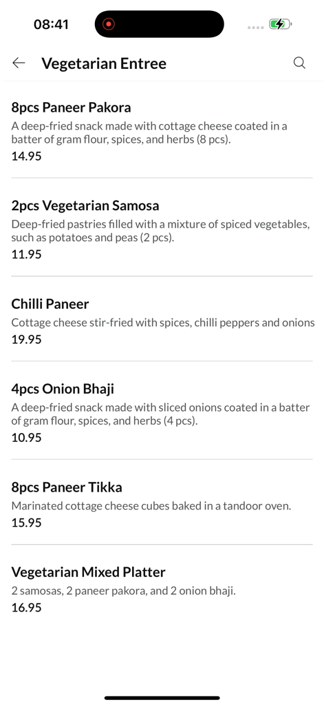 Écran de menu de l'application The Spice Delight montrant des apéritifs indiens végétariens avec les prix