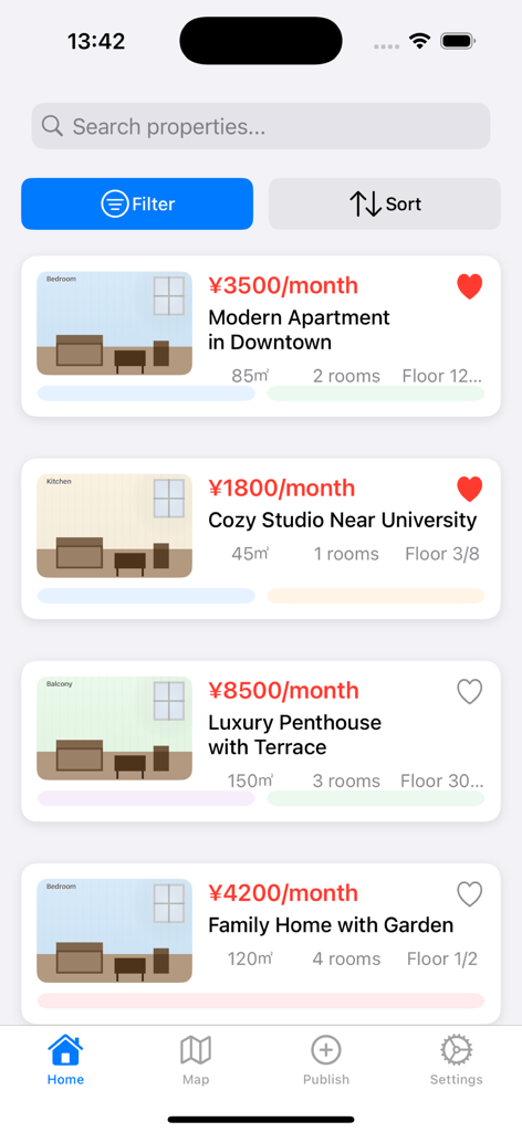 A list of rental properties in the HomeList app showing prices property titles and room details