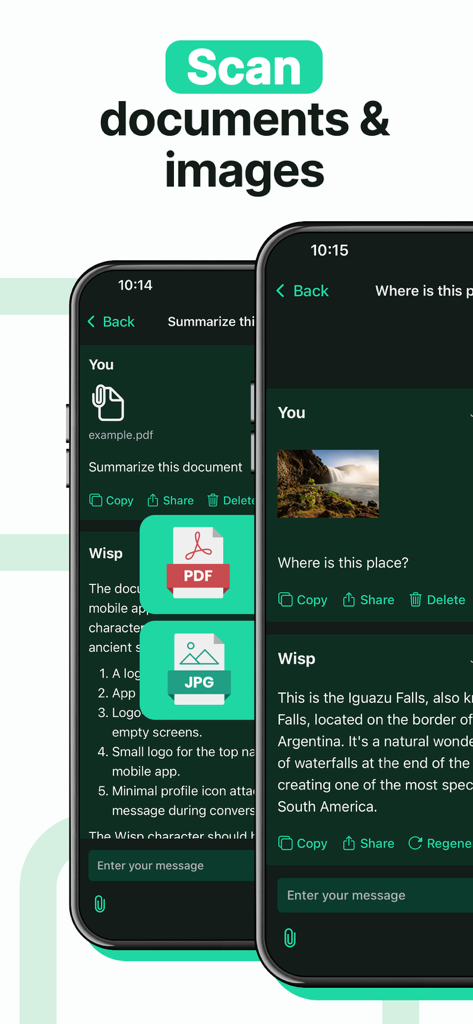 AI ChatBot Assistant 5 0 - Interface of the Wisp AI app showing PDF document summarization and visual identification of a waterfall photo.