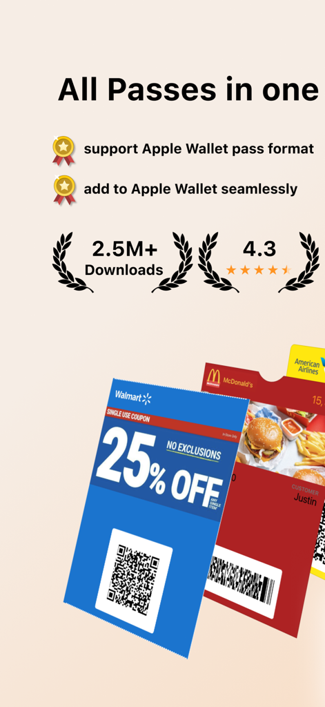 Pass2U Wallet app summary showing digital coupons and store cards with Apple Wallet integration