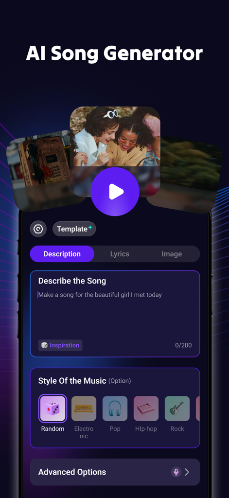 Interfaz del generador de canciones con IA de Rythmix para generar música usando descripciones de texto y selección de género