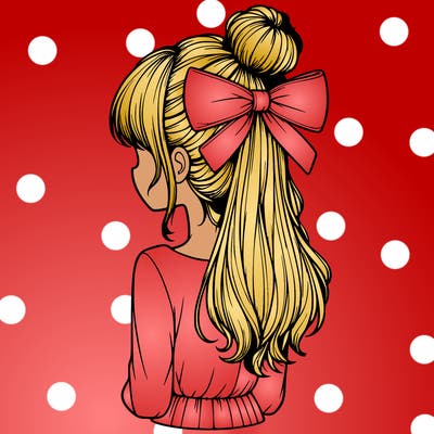 realistic girl  with hip length hair a bun and a big bow on the back of head
