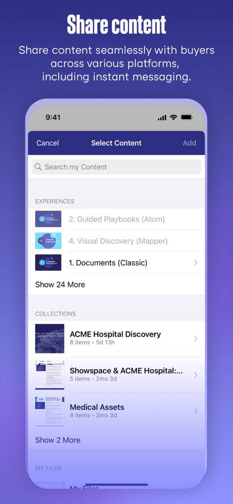 Showpad eOS® - Showpad eOS mobile app interface for selecting and sharing sales content