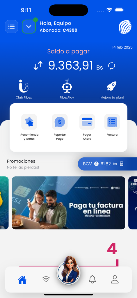Interfaz de la aplicación Fibex Oficina Movil mostrando el saldo de la cuenta y las opciones de gestión de pagos