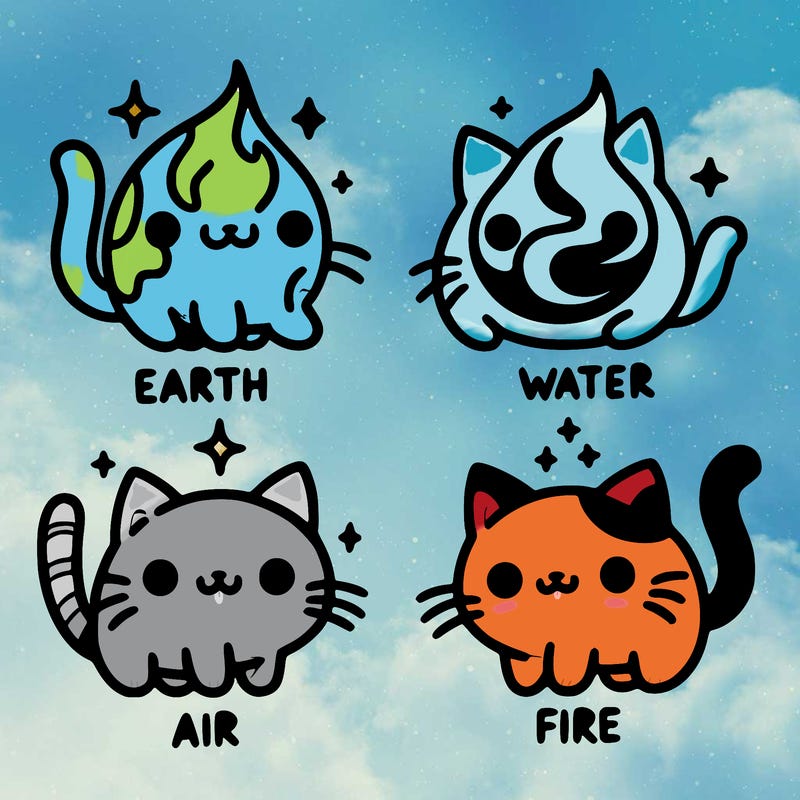 4 cats that represent the different elements, earth, water, air, and fire