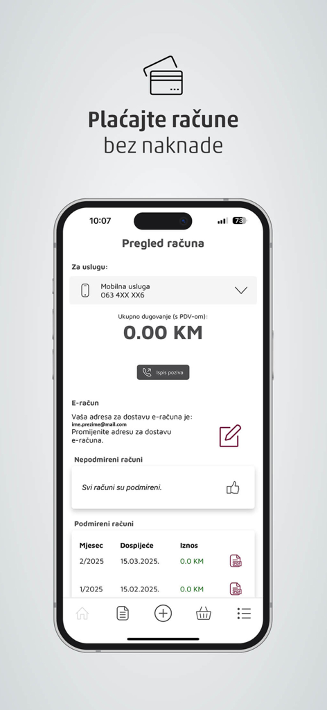 Moj ERONET - Mobile interface of the Moj ERONET app showing bill overview and payment status