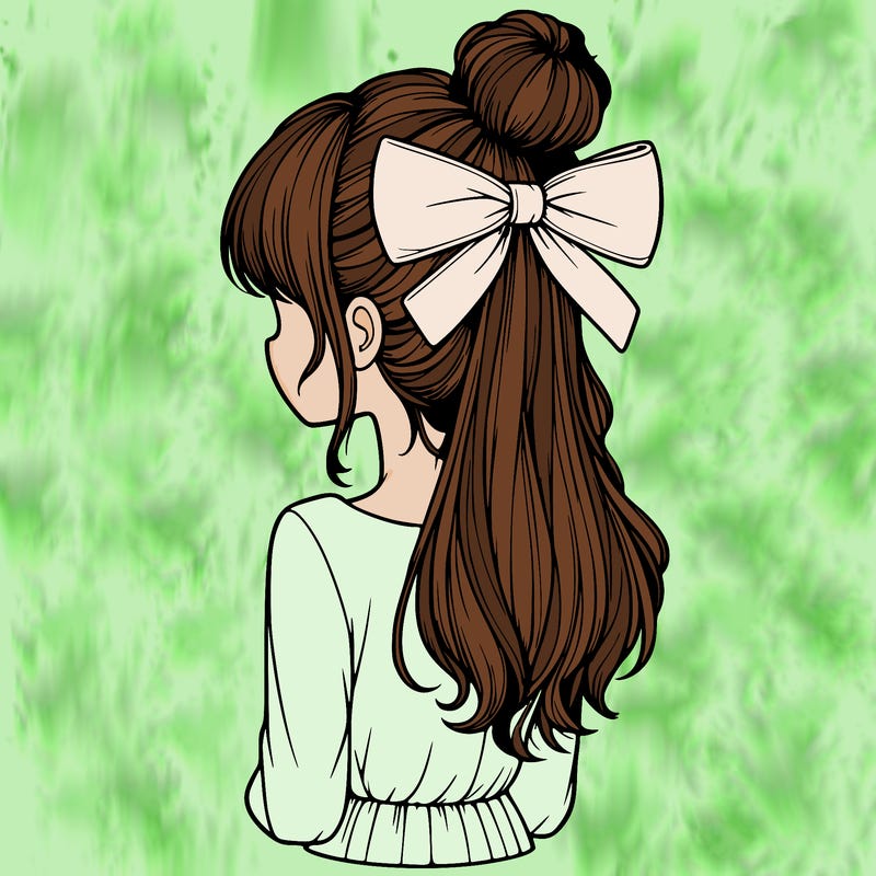 realistic girl  with hip length hair a bun and a big bow on the back of head