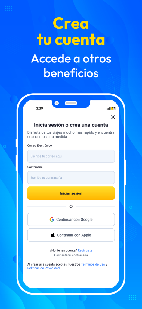 Pinbus - Login and account creation screen for the Pinbus travel app featuring email, Google, and Apple sign-in options.