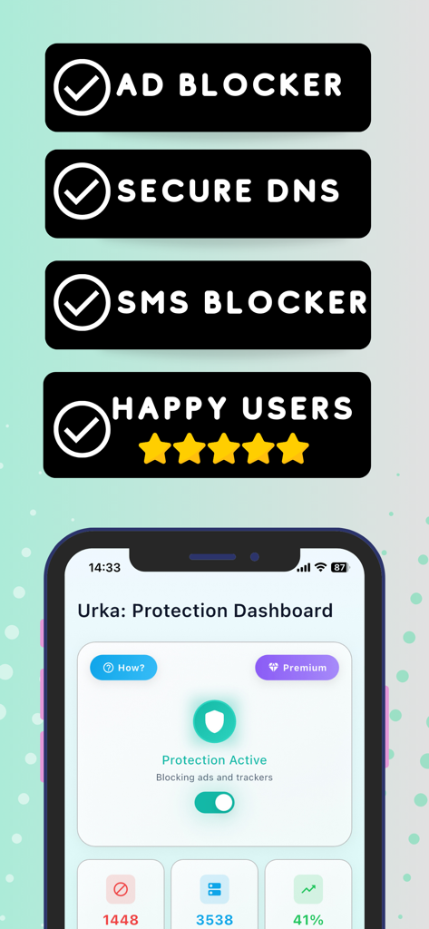Ad blocker: Urka - Secure DNS - Painel do aplicativo Urka exibindo proteção ativa para bloqueio de anúncios, DNS seguro e filtragem de SMS.