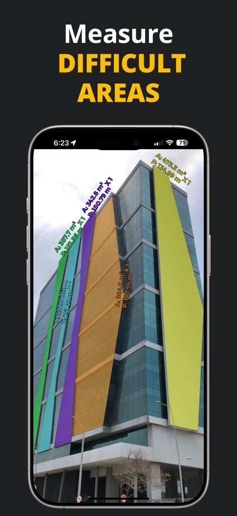 MIDDELO Facade Measuring Tool - MIDDELO app measuring area and perimeter of complex building surfaces on a skyscraper
