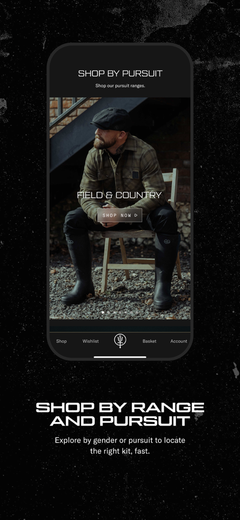 ThruDark - Screenshot of the ThruDark mobile app showing the Shop by Pursuit screen featuring Field and Country technical gear.
